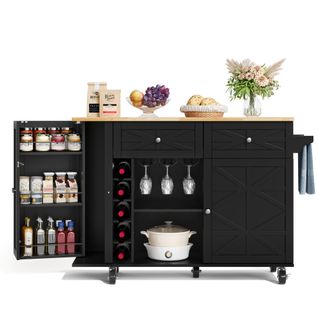 Îlot Central Cuisine Avec Plan De Travail Rabattable-un Casier à Vin-avec Roulettes Pivotantes-noir