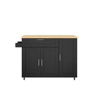 Îlot Central Cuisine Avec Plan De Travail Rabattable-table De Cuisine Mobile-5 Roulettes-noir