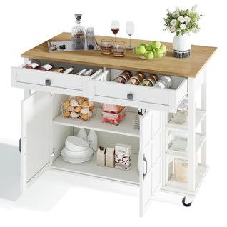 Îlot Central Cuisine Avec Plan De Travail Rabattable-desserte Avec 2 Tiroirs-sur Roulettes-blanc