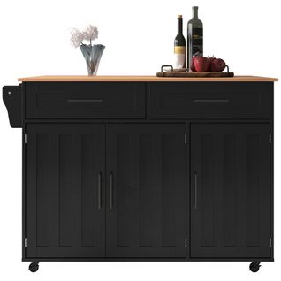 Desserte Avec Rangements-avec Plateau Rabattable-îlot Central Sur 5 Roulettes-noir