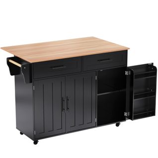 Îlot Central Cuisine-plan De Travail Avec Veinage En Bois Massif-plan De Travail Pliable-roues-noir