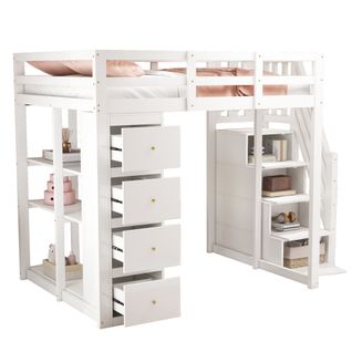 Lit Mezzanine 140x200cm-avec Tiroirs De Rangement-échelle Sécurisée-en Bois Massif-blanc