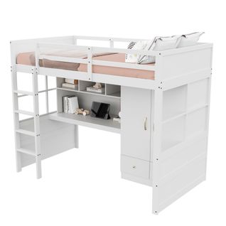 Lit Mezzanine 90x200cm-avec Bureau Avec Rangement, blanc