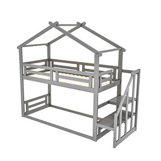 Lit Mezzanine 90x200 Cm - Escalier De Sécurité - En Bois Massif - Gris