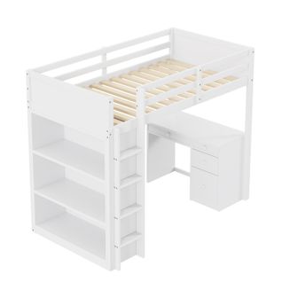Lit Mezzanine 90x200cm Avec Rangement Et Bureau D'ordinateur-lit Enfant-adolescents Et Adultes-blanc
