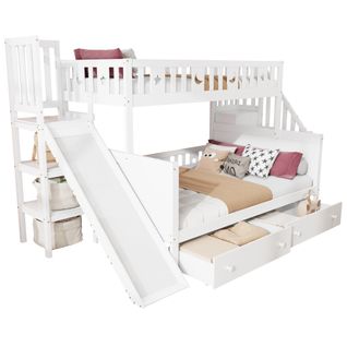 Lit Superposé 90*200/140*200 Cm-lit Enfant En Bois Massif Avec Toboggan-2 Grands Tiroirs-blanc