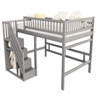 Lit Mezzanine 140*200cm-en Bois Massif-escalier Avec Placard De Rangement-lit Enfant-gris