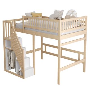 Lit Mezzanine 140*200cm-en Bois Massif-escalier Avec Placard De Rangement-lit Enfant-bois