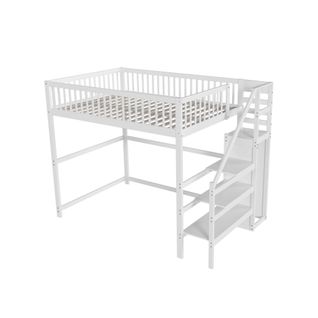 Lit Mezzanine 140x200cm-avec Escalier-lit Enfant Avec Étagère De Rangement-armoire Simple-blanc