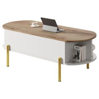 Table Basse 120*50*43cm-avec Plateau Réglable En Hauteur Et Espace De Rangement Caché-bois + Blanc