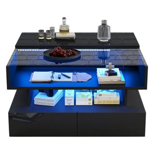 Table Basse Réglable En Hauteur-table De Salon Avec Éclairage LED-en Verre Trempé Brillant-noire