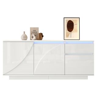 Buffet Avec 3 Compartiments-avec LED-compartiments Avec Étagères Réglables-meuble De Salon-blanc
