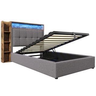 Lit Rembourré 90x200-cm-charge USB Type-c-système Hydraulique-éclairage LED-Lit enfant-gris