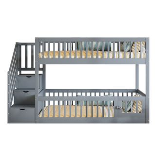 Lit Superposé 90x200-avec Escalier De Sécurité-lit Simple-pour Enfants Et Adolescents-gris