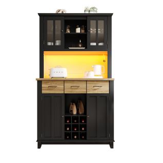 Buffet De Cuisine-meuble De Cuisine H179,5cm-armoire Haute-avec Éclairage LED-noir Et Bois