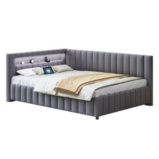 Lit/canapé-lit 140x200cm-avec Éclairage LED-port De Chargement USB-lit Adulte-lit Simple-gris