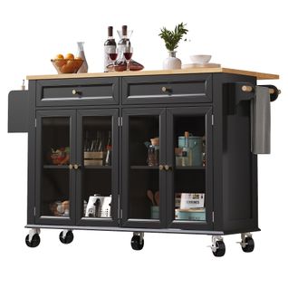 Îlot De Cuisine Avec Rangement-meuble De Cuisine à Roulettes-desserte De Cuisine-portes Vitrées-noir