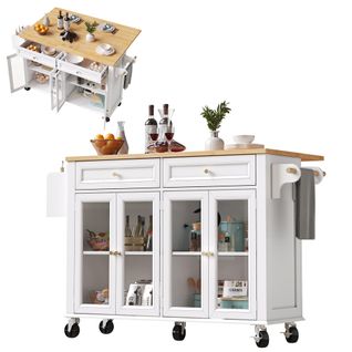 Îlot De Cuisine Avec Rangement-meuble De Cuisine à Roulettes-desserte-portes Vitrées-blanc