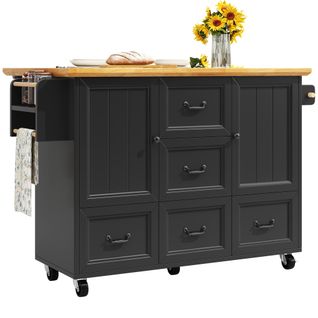 Îlot De Cuisine Avec 5 Tiroirs-desserte Sur Roulettes Avec Porte-serviettes-étagères Réglables-noir