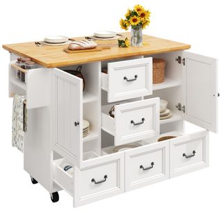 Îlot De Cuisine Avec 5 Tiroirs-desserte Sur Roulettes Avec Porte-serviettes-étagères Réglables-blanc