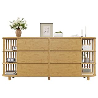 Commode 160cm- Style Romain Avec Colonnes Et Étagères En Bambou-étagères Ouvertes-en Chêne