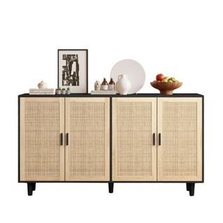 Buffet De Rangement 158 Cm-en Rotin à 4 Portes-pour Chambre, Salon, Bureau-noir Et Bois