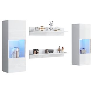 Ensemble De Meubles TV Muraux-avec Éclairage LED-murales Et 2 Étagères Suspendues-blanc Brillant