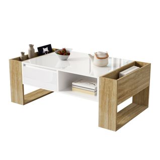 Table Basse Rectangle 105x60x40cm-avec Tiroirs Et Compartiments Ouverts-pour Les Salons-blanc