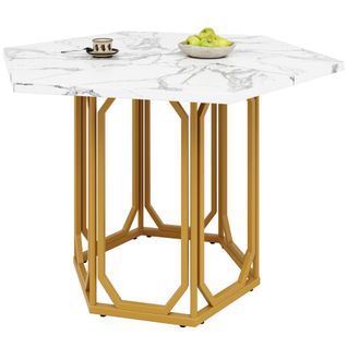Table Hexagonale En Marbre (1 Pièce)-table De Cuisine Hexagonale -motif Marbre Doré