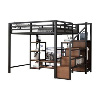 Lit Mezzanine 140x200cm-prise Électrique Et Échelle De Sécurité-en Métal Et Bois-lit Simple-noir