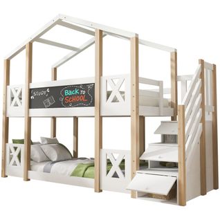 Lit Superposé 90x200 Cm-lit Cabane Pour Enfant Avec Escalier-lit Enfant-naturel Et Blanc