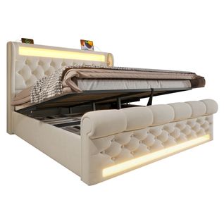 Lit Simple 160x200cm-avec Éclairage LED-avec Ports USB Et Type-c-sommier Hydraulique-beige