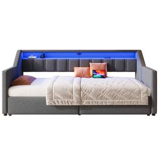Lit Gigogne Multifonctionnel-canapé-lit 90 X 200cm-avec USB Et Type-c- Bande LED-2 Tiroirs-gris