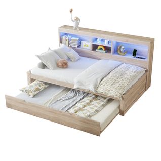 Lit Gigogne 90x200cm Avec LED-rangement De Chevet-prise USB, Lit Simple En Bois-lit Enfant-bois