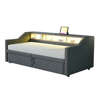 Lit Rembourré-lit Gigogne 90/180 X 200 Cm-rangement Multifonctionnel-led Et Port USB-gris Foncé