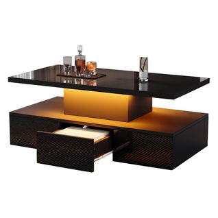 Table Basse Avec Lumière LED 16-1 Tiroir Coulissant-rectangulaire-table De Salon Brillante-noir