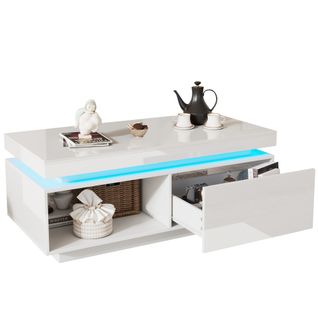 Table Basse -laquée Brillante Avec Éclairage LED-table Élégante Avec Tiroir-blanc