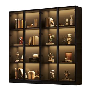 Vitrine Avec Éclairage LED-avec Étagères Réglables-armoire De Rangement à 4 Portes Pour Salon-noir