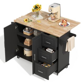 Îlot De Cuisine Mobile-plateau En Chêne-desserte-porte-serviettes-noir