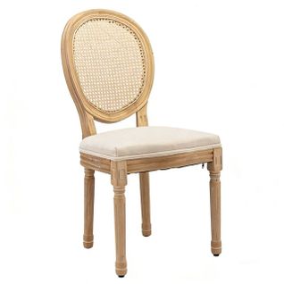 2 Chaises De Table-structure En Bois Massif-revêtement En Lin Et Dossier En Rotin-beige