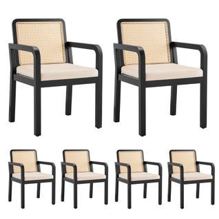 6 Chaises De Table-en Velours De Haute Qualité-avec Dossier En Rotin -noir