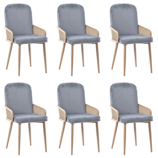 6 Chaises De Table-en Velours-design Rotin-avec Quatre Pieds En Métal (effet Bois)-gris