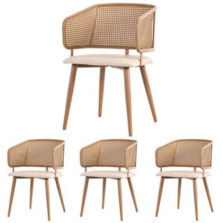 4 Chaises De Table-avec Dossier En Rotin-pieds En Métal (effet Bois)-gris
