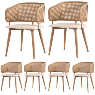 6 Chaises De Table-avec Dossier En Rotin-pieds En Métal (effet Bois)-gris