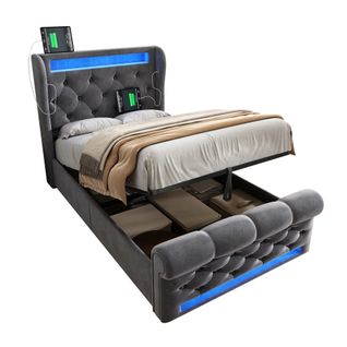 Lit Simple 90x200cm-avec Éclairage LED-avec Ports USB Et Type-c-sommier Hydraulique-gris