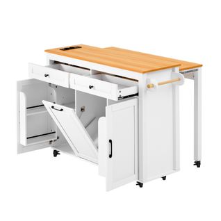Ilot De Cuisine Avec Plateau Extensible, 2 Portes, 2 Tiroirs Et Compartiment Pour Poubelle Blanc