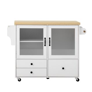 Ilot Central Ilot De Cuisine Avec Plateau De Table Pliable, 2 Portes Et 3 Tiroirs Blanc