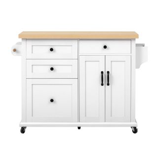 Ilot Central Ilot De Cuisine Avec Plateau De Table Pliable, 2 Portes Et 4 Tiroirs Blanc