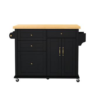 Ilot Central Ilot De Cuisine Avec Plateau De Table Pliable, 2 Portes Et 4 Tiroirs Noir