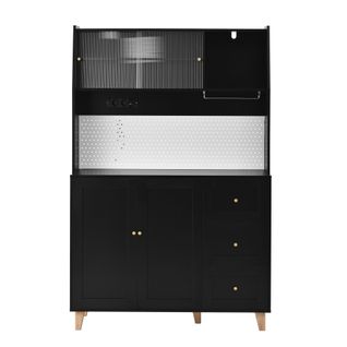 Buffet De Cuisine Avec 4 Portes, 3 Tiroirs Et Porte-verres à Vin Noir